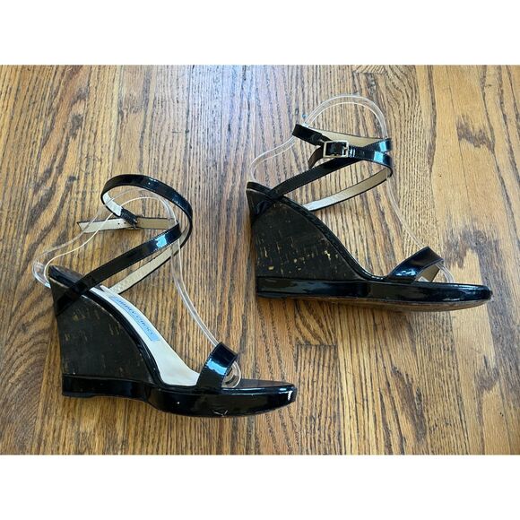 JIMMY CHOO Black Leather Wedge Strap Heels Shoes  Women's Size 8? - Picture 3 of 11